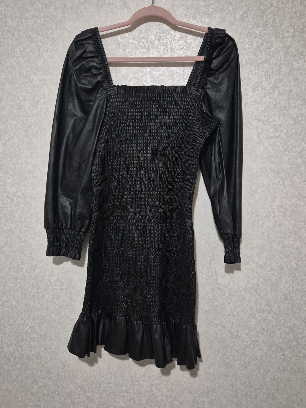 7 For All Mankind Black Smocked Faux Leather Mini Dress